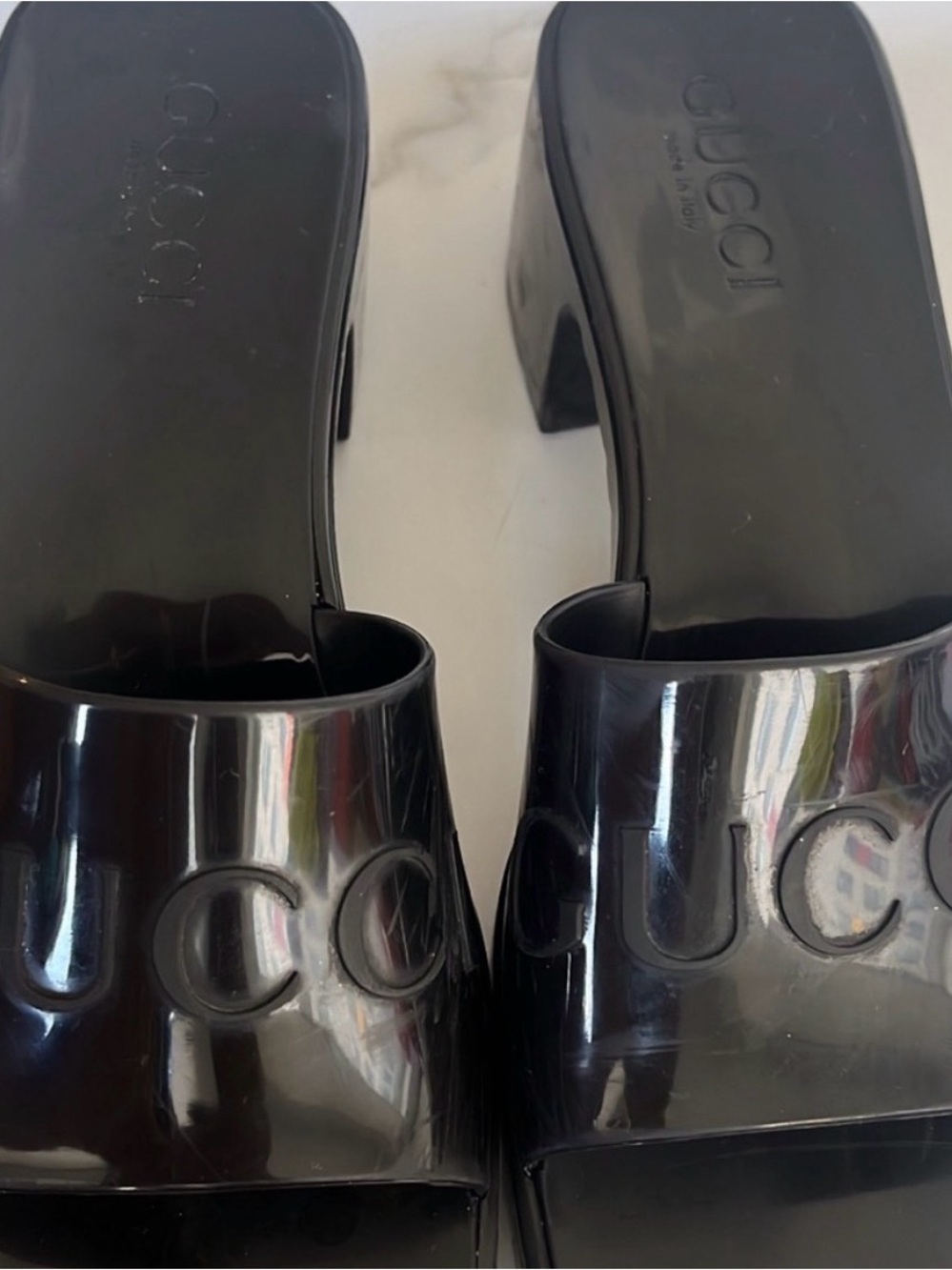 Gucci Black Patent Logo Mule Slides